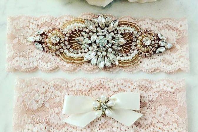 Blush pink lace garter set with rhinestones