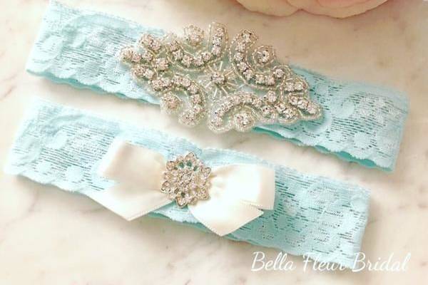 Blue lace garter with rhinestone