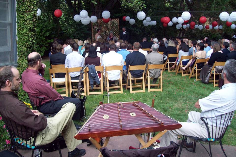 The Crooked Road Ceili Band plays for a comfortable at-home wedding in Menlo Park, CA.