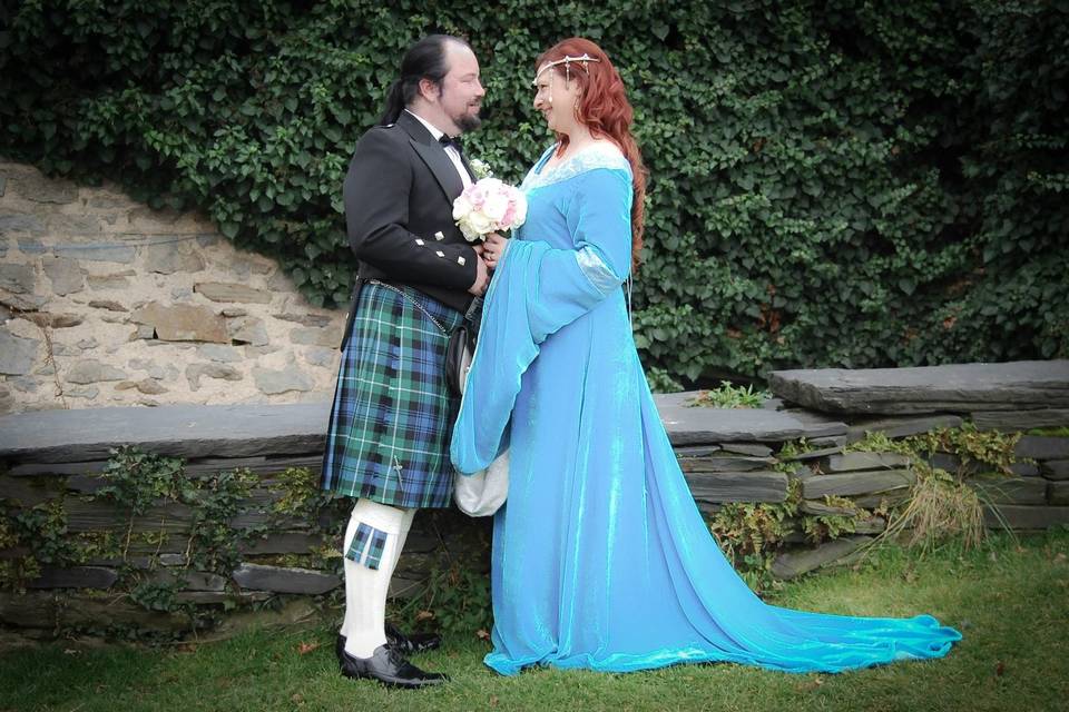 Custom made kilt in the groom's family tartan paired with rented formal jacket & accessories for a period wedding.