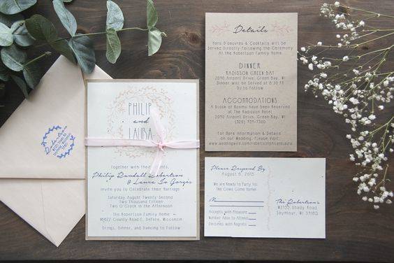 Rustic Blush & Navy Wedding Invitation Printed on Speckletone & Kraft Brown Paper