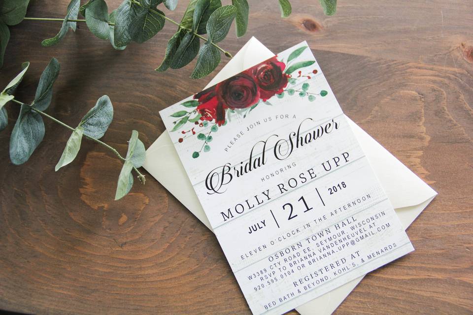 Burgundy Floral Bridal Shower Invitation on Rustic Shiplap