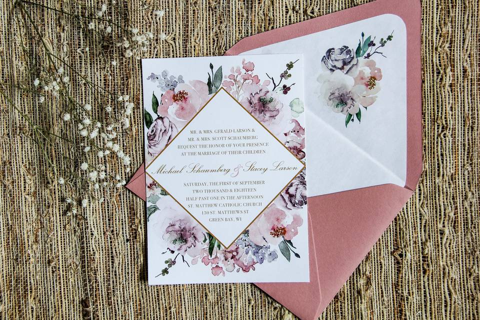 Elegant Diamond Pattern with Blush & Mauve Florals and matching Envelope Liner