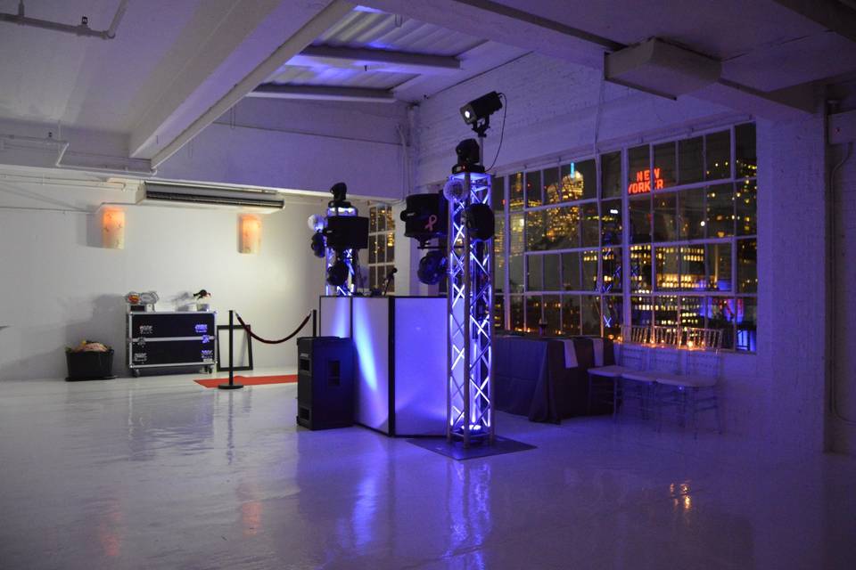 A look at our sound & light system with the photo booth to our side at Studio 450 in Manhattan, NY.  Gorgeous 270° NYC skyline as the backdrop.  Stunning!