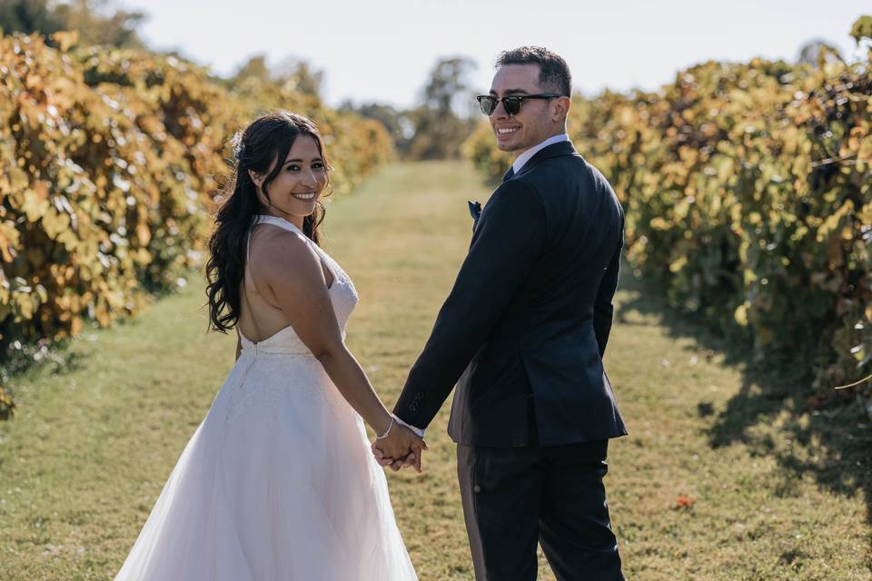 Bride and groom in vineyard