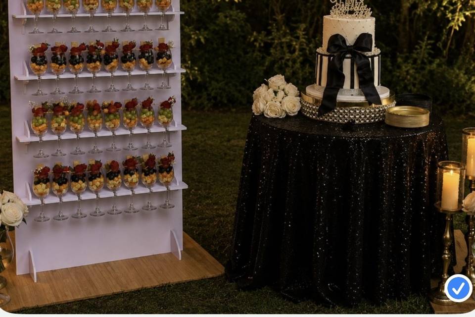 Charcuterie wall and cake