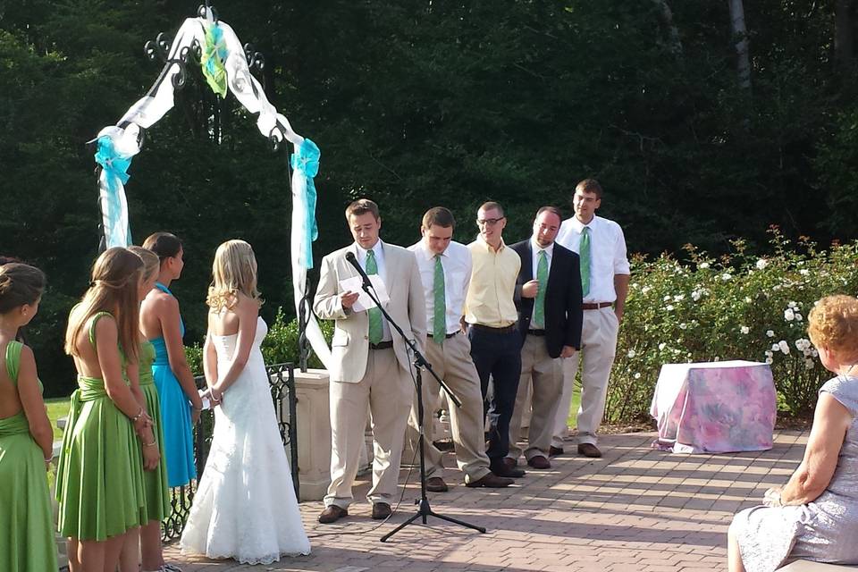 Outdoor wedding with sound equipment