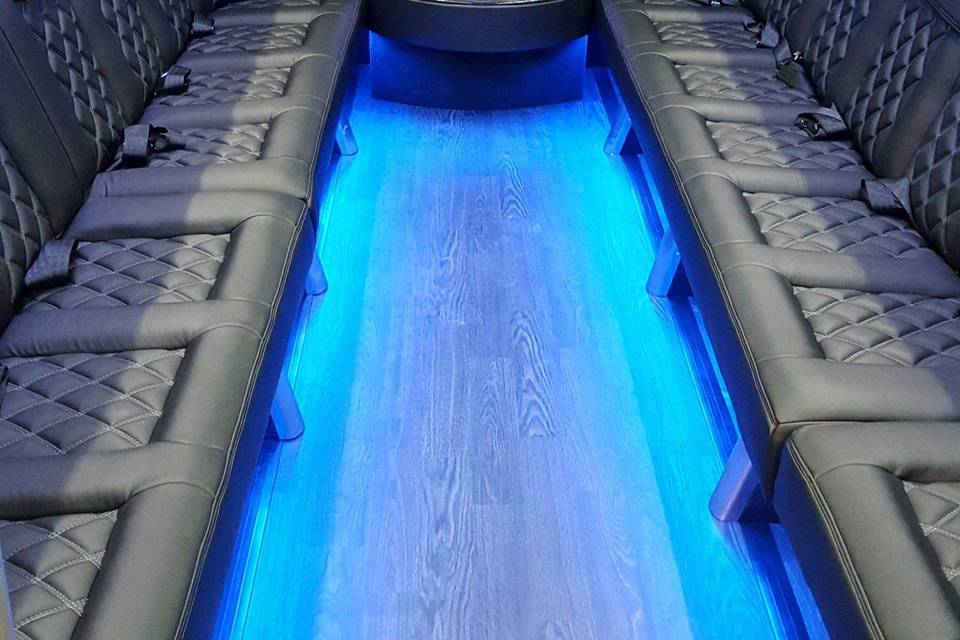 Sleek black seats with blue lights