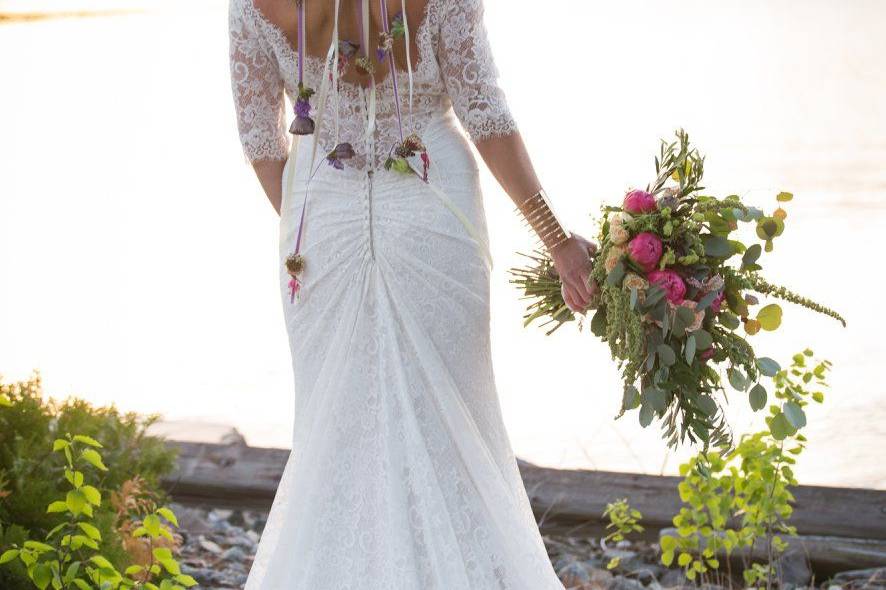 Bridal dress by the lake