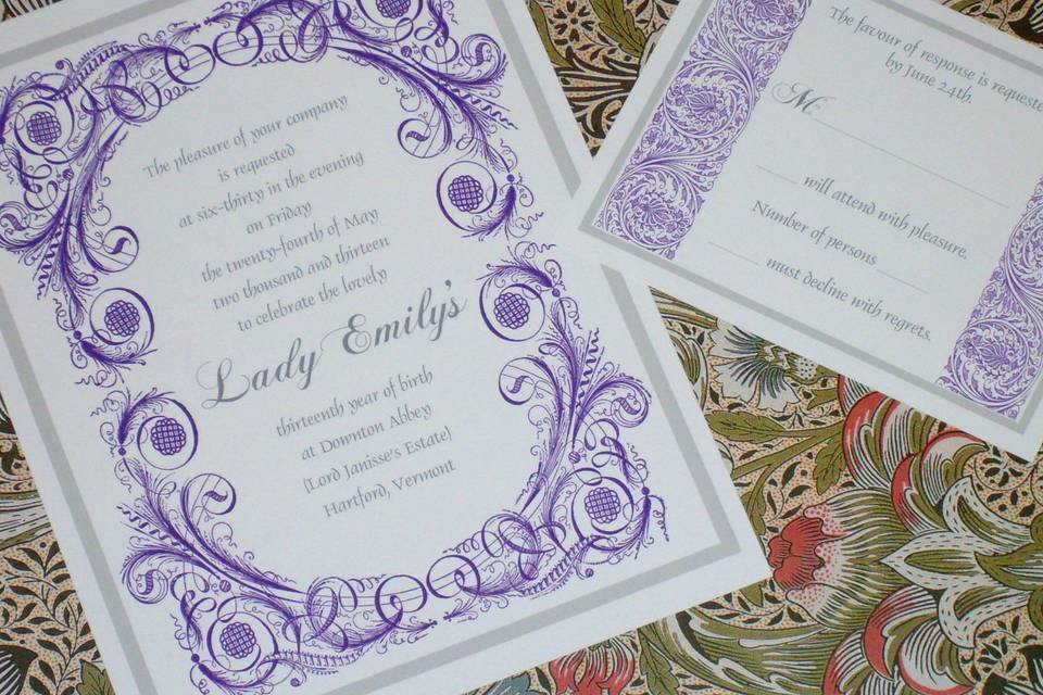 Announce your Edwardian, Downton Abbey themed event with this elegant and elaborate invitation. Colors and fonts can be changed to match your color scheme.
