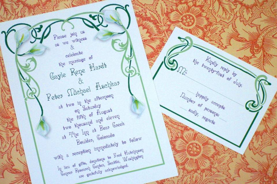 This Art Nouveau invitation with Calla Lilies will show your guests that your event will be stylish, elegant, and a little bit avant-garde.