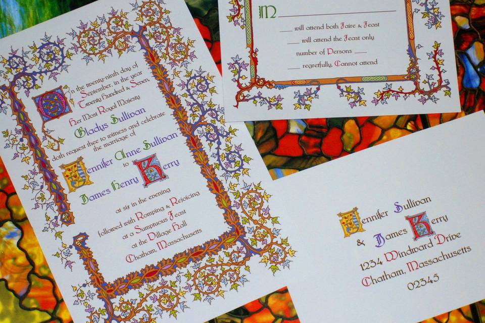 Your guests will feel like royalty when they receive this colorful Renaissance invitation design in the style of an elaborate illuminated manuscript page.