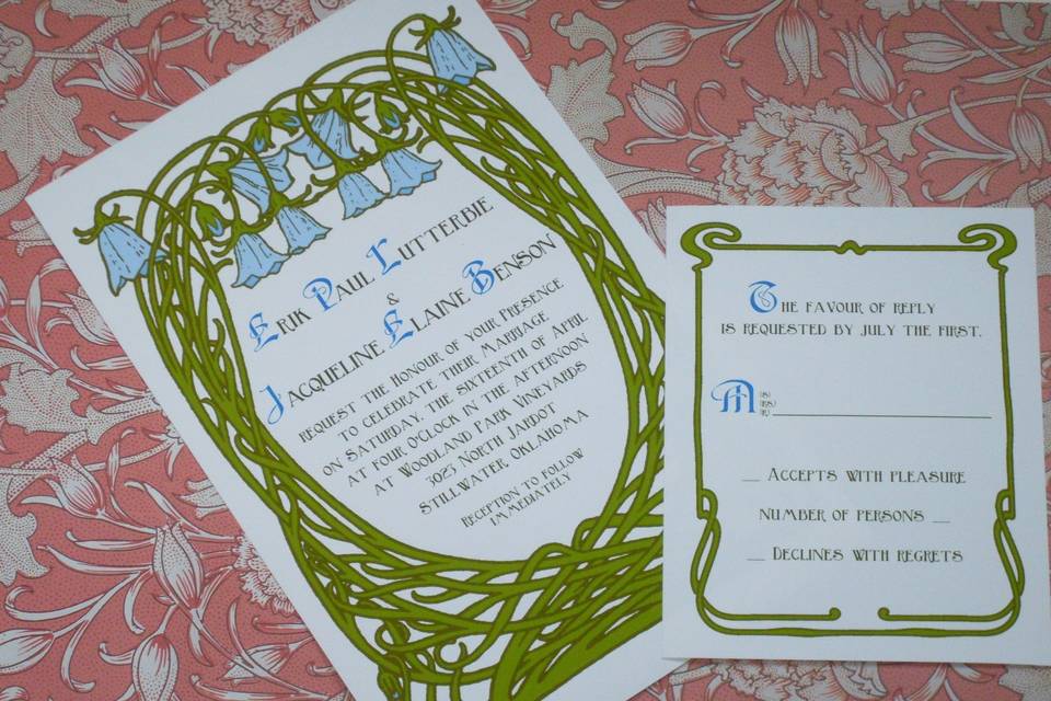Your garden party wedding is beautifully announced with this sweet Art Nouveau Bluebells design.