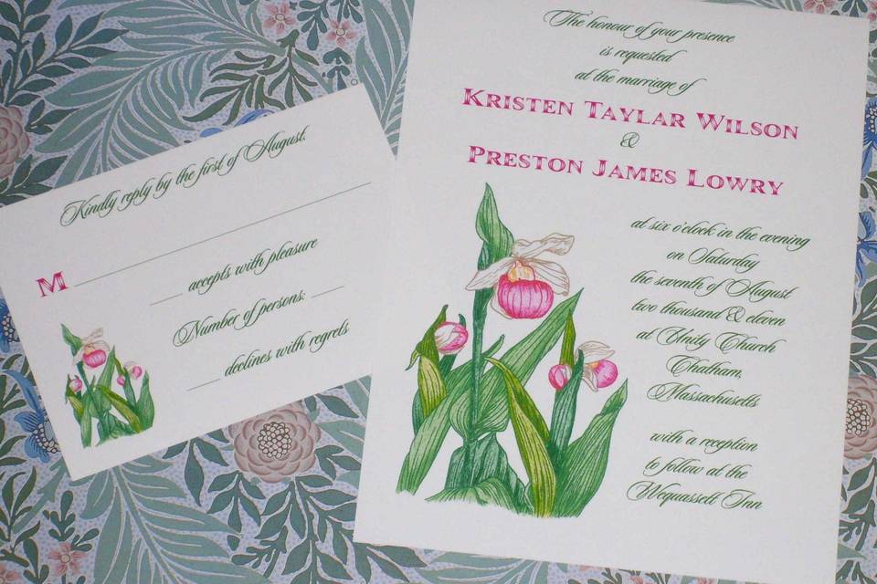 A Cape Cod Lady's Slipper is featured on this bright and colorful invitation suite.