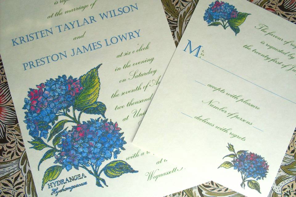 Hydrangeas, Cape Cod's favorite garden flower, is illustrated on this lovely invitation.