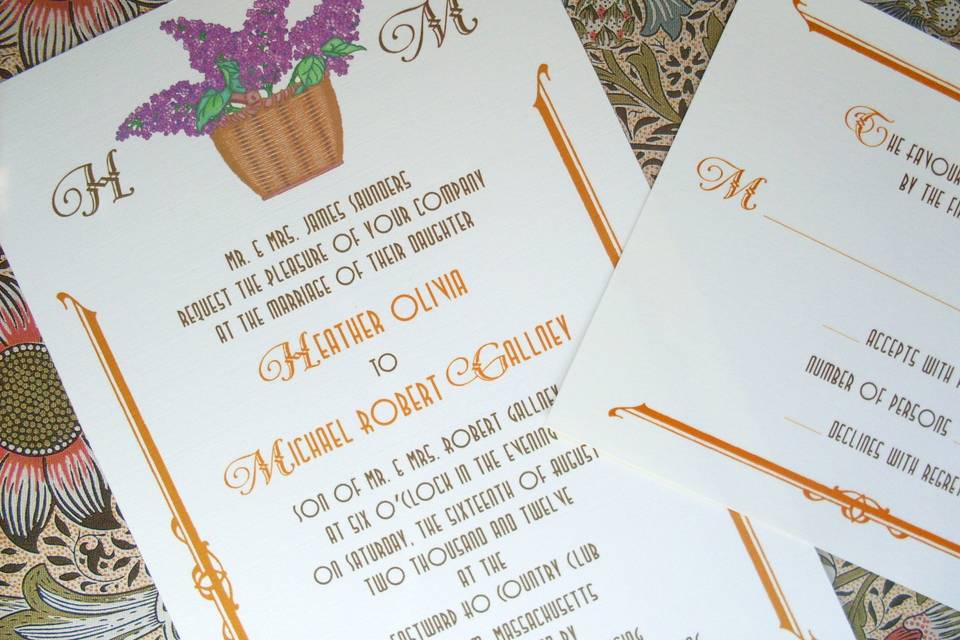 A hand painted Nantucket Lightship Basket brimming with Lilacs is showcased on this classic invitation suite.