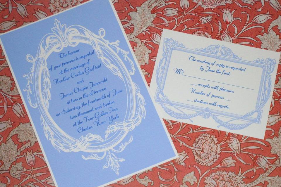 This blue & white invitation suite is perfect for an Edwardian, Victorian, or Downton Abbey theme.
