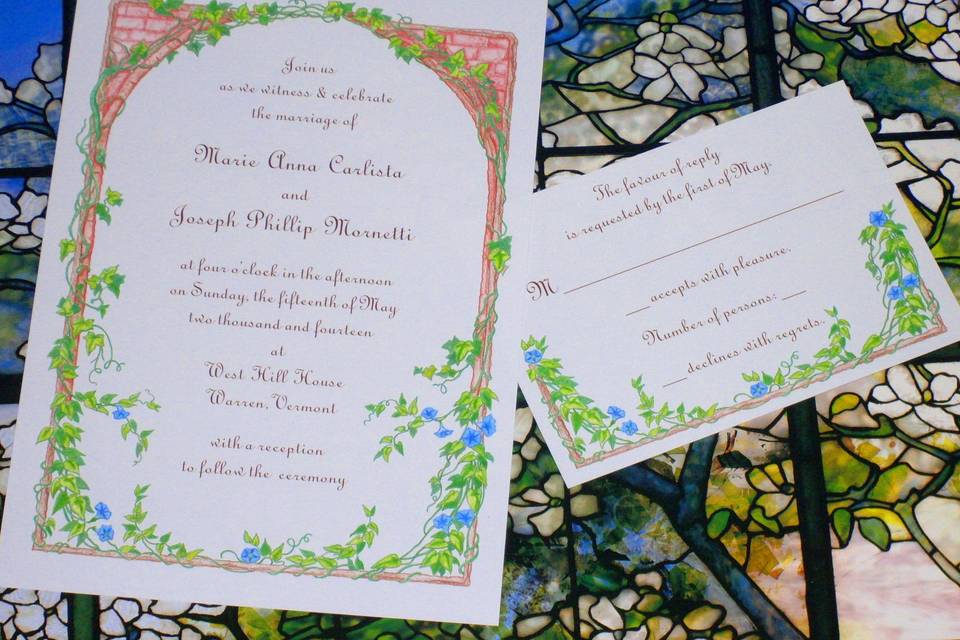Sweet blue Morning Glories climb up this hand illustrated invitation suite for you garden themed party.