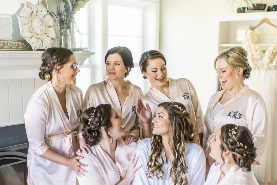 Getting ready with her bridesmaids