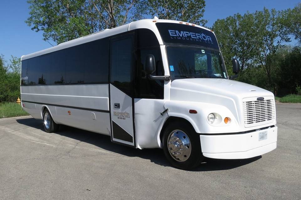 This is what our party buses look on the outside. Great lines, clean, chrome wheel simulators, pearl white paint job, tinted single look windows and much more!