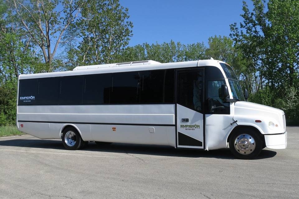 This is what our party buses look on the outside. Great lines, clean, chrome wheel simulators, pearl white paint job, tinted single look windows and much more!