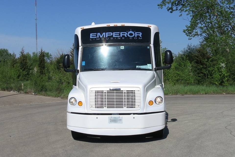 This is what our party buses look on the outside. Great lines, clean, chrome wheel simulators, pearl white paint job, tinted single look windows and much more!