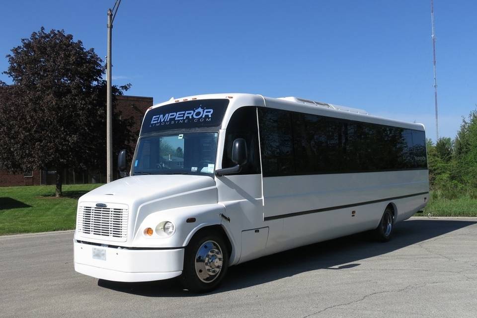 This is what our party buses look on the outside. Great lines, clean, chrome wheel simulators, pearl white paint job, tinted single look windows and much more!