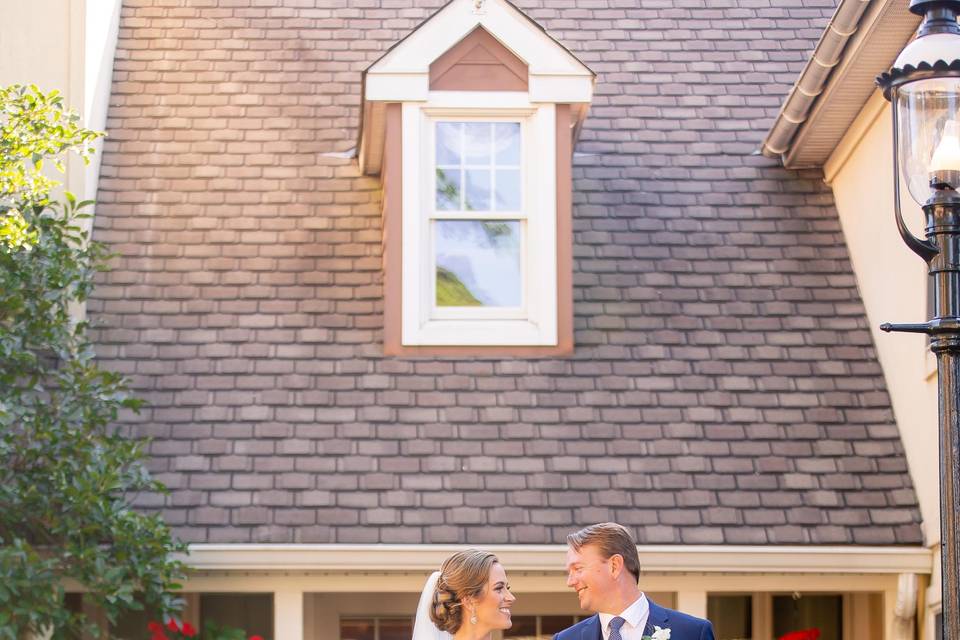 Bride and groom stroll