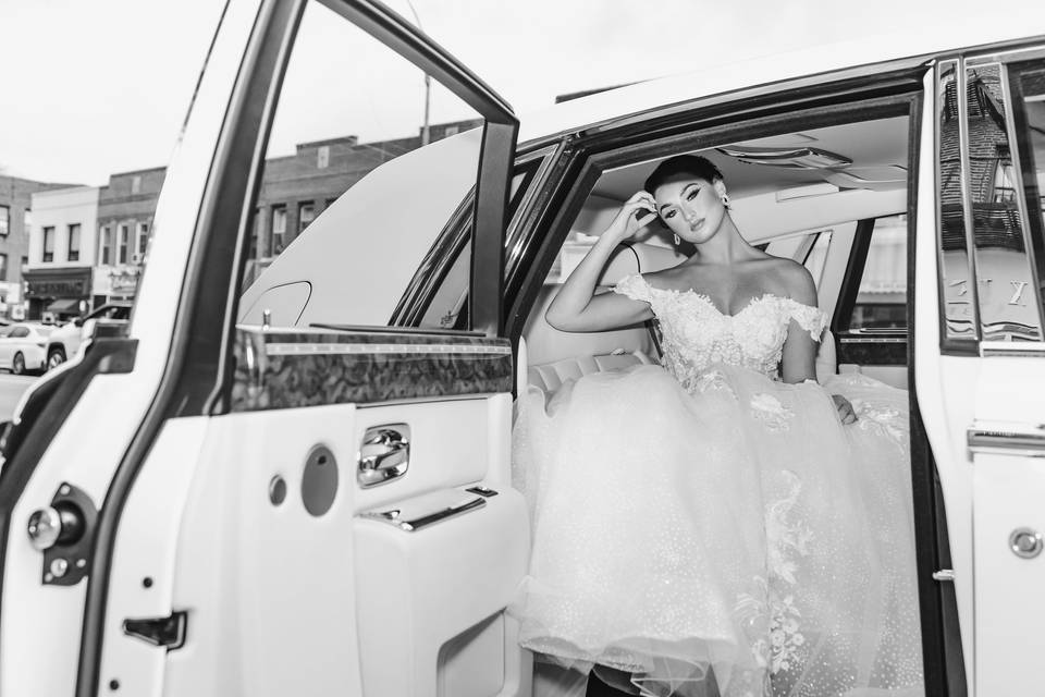 Bride in car