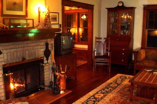 Interior pic of the lakehouse featuring period Stickley furnishings.