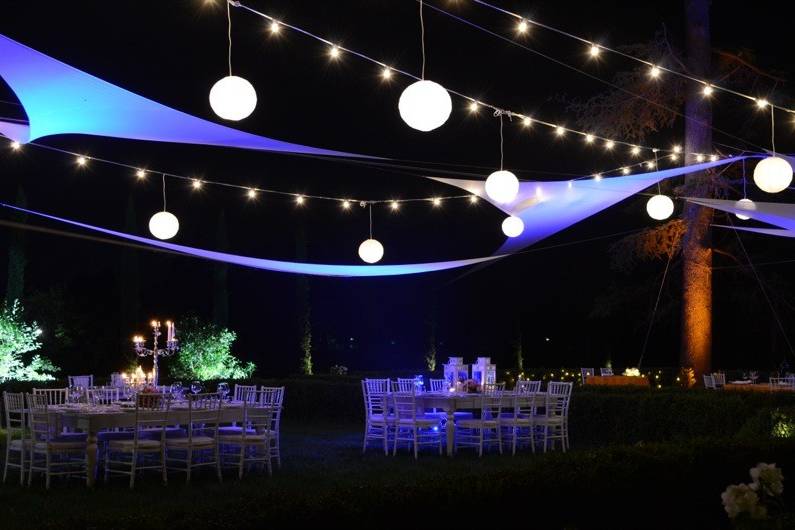 Festoon lights with shade sail