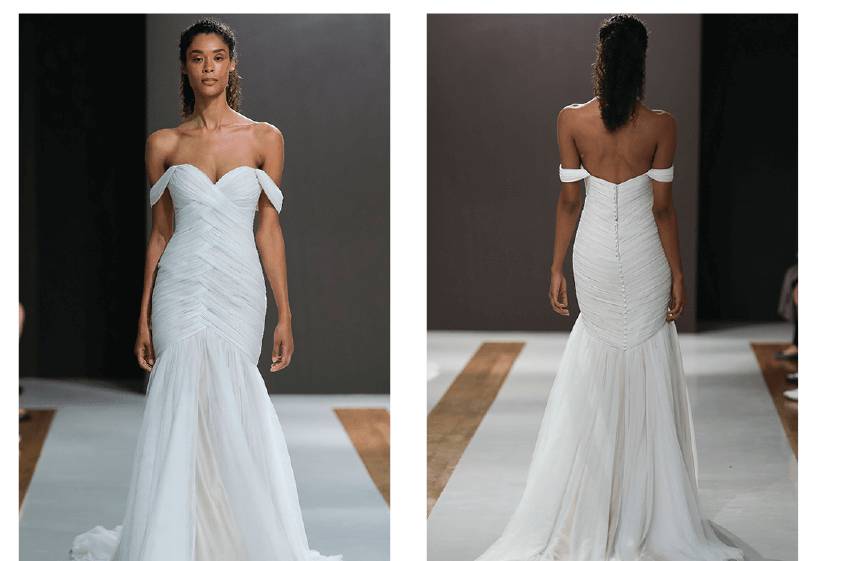 Sleek, off-shoulder wedding gown
