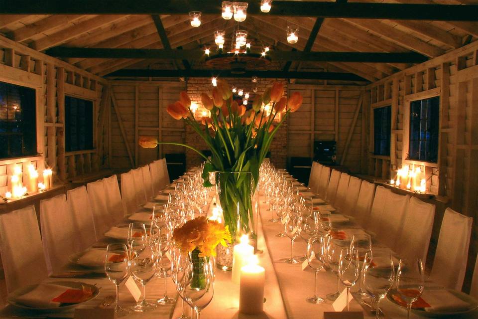 Long table setting with centerpiece