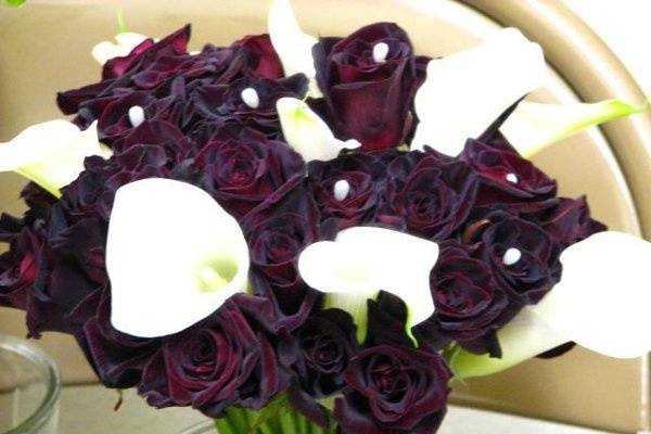 Burgundy and White Bridal Bouquet---Black Magic roses and white mini calla lily