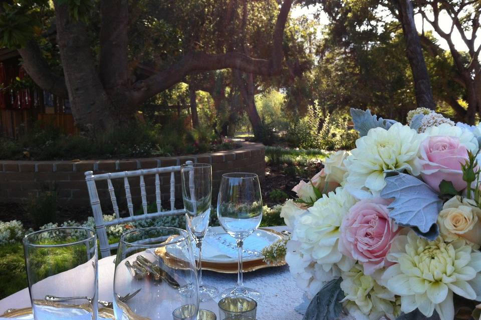 Dining table set on the Woodlands Lawn.