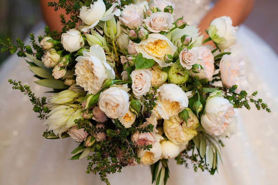 Jenna's stunning bouquet of local garden roses and textured greens.