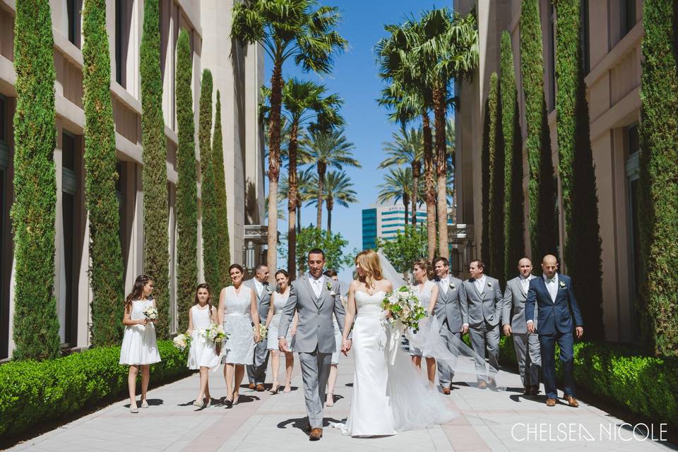 The couple with the bridesmaids and groomsmen