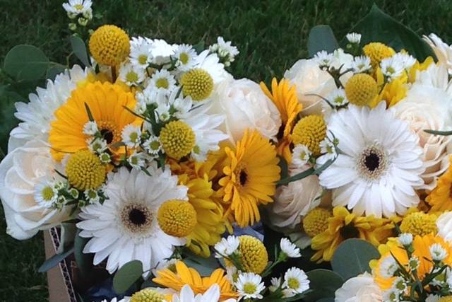 Happy whites and yellows, gerbers and roses with crespedia and monte casino bridesmaids bouquets