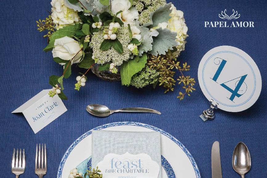 We can help you style your special event tables with custom design menu, place and table number cards.