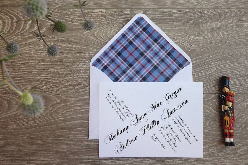 We can design design envelope liners that will compliment your wedding theme.  Here we used a tartan pattern liner for a Scottish Wedding.