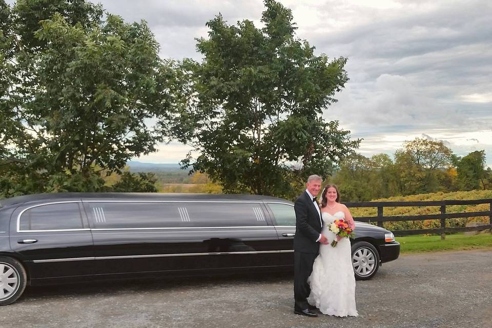 Newlyweds by the limo