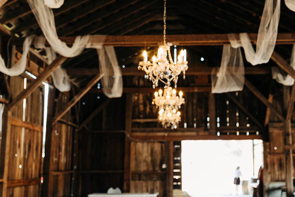 Chandeliers Inside of Barn