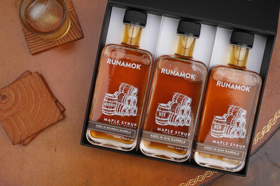 Runamok Maple 250ml gift boxes featuring barrel-aged, smoked and infused organic maple syrup