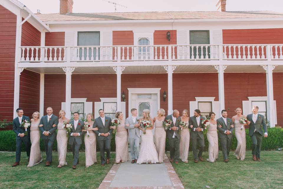 The couple with the bridesmaids and groomsmen