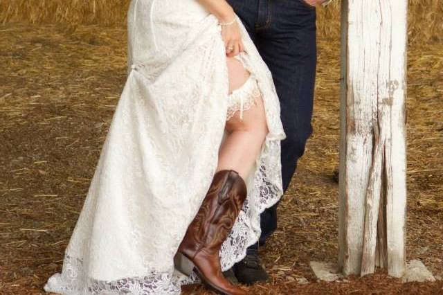 Bride and groom in the barn