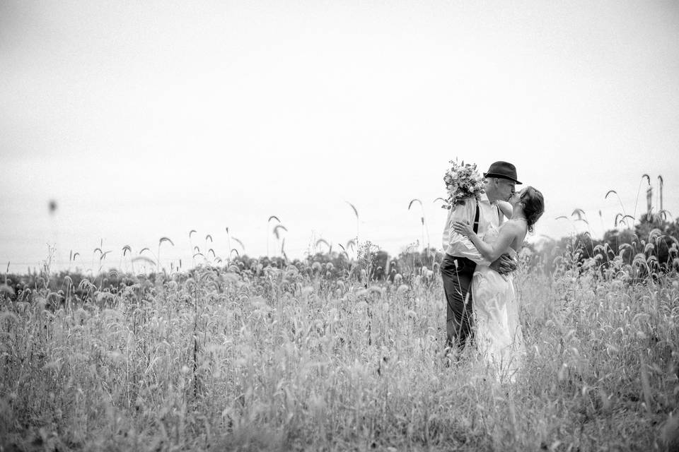 Couple kiss in the field