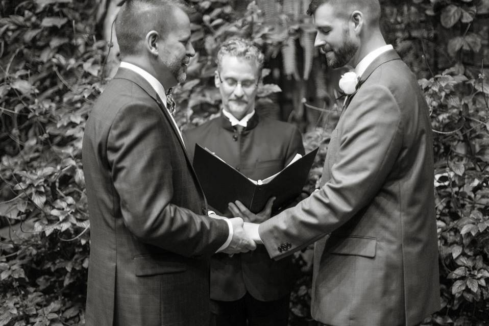 What a wonderful ceremony for these two.  Held in the butterfly house at the Detroit Zoo.  A butterfly actually landed on the nose of one of the grooms during the ceremony!