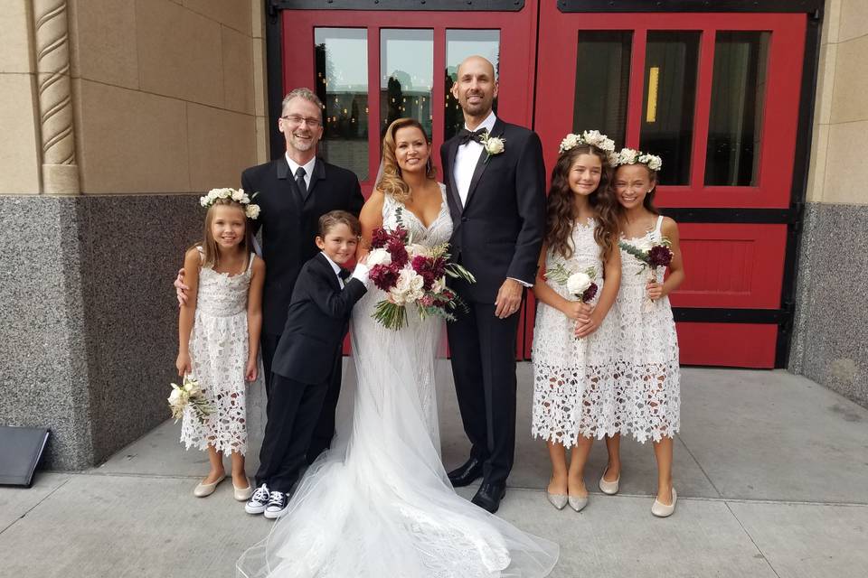 Julie and Lindsey Wilson celebrated their marriage with their 4 children at the beautiful Foundation Hotel in Downtown Detroit! It was such a pleasure writing a ceremony that allowed her two children and his two children to be a part of the celebration!