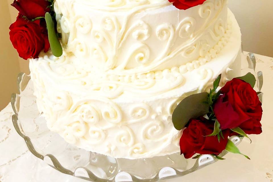 Wedding cake with blue and brown tiers