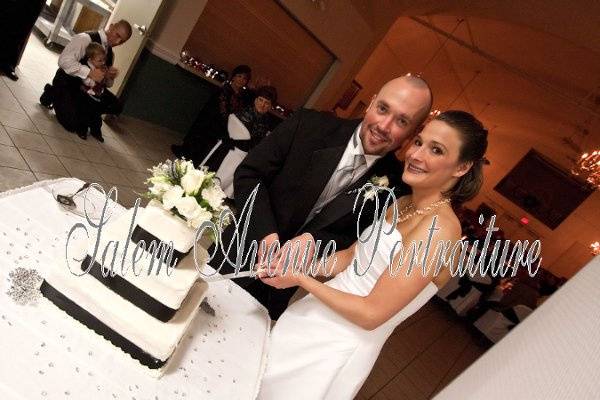 Fun and funky wide angle of the cake-cutting.